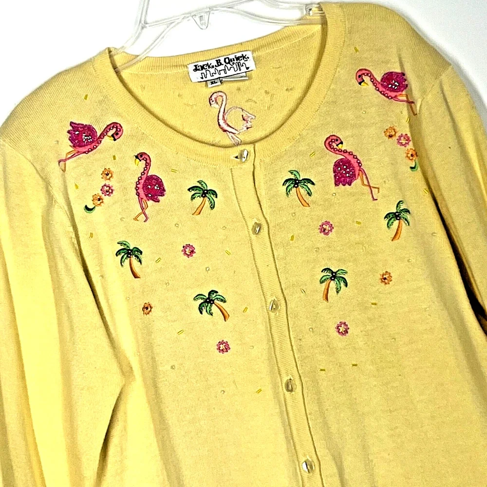 Vintage Jack B Quick Cardigan Womens XL Yellow Beaded Flamingo Sweater Vacation